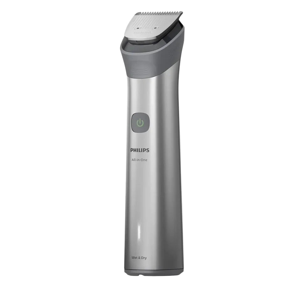 A Philips All-in-One wet & dry grooming device in metallic silver and dark gray, featuring a power button and brand logo on the front, set against a plain white background.