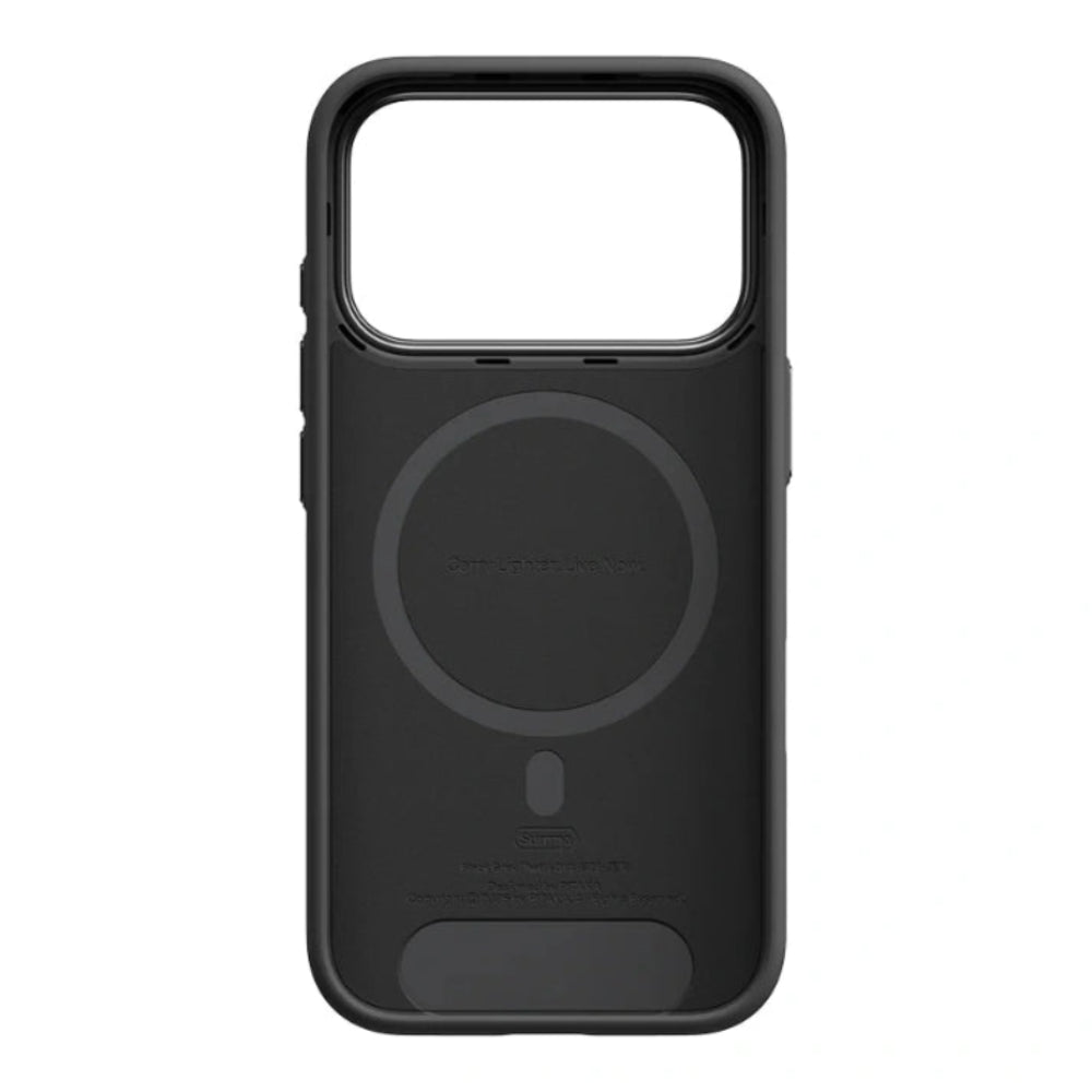 A black MagSafe-compatible phone case with a built-in magnetic ring and a small bottom tab, shown on a plain white background.