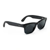 Sunglasses with a clear frame and dark lenses on a white background