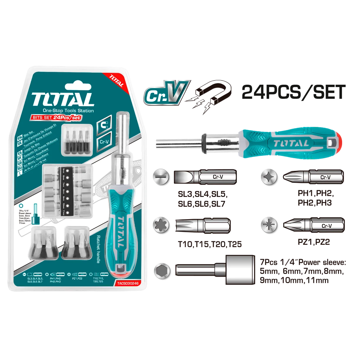 Total TACSD30246 assorted fastening bits with driver components pictured