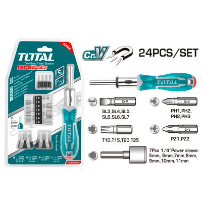 Total TACSD30246 assorted fastening bits with driver components pictured