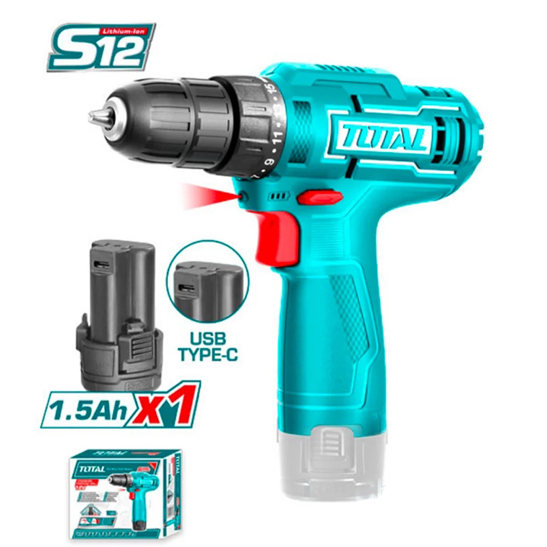 Total TDLI12428 12V cordless drill shown with one 1.5Ah battery and USB Type-C charging graphic