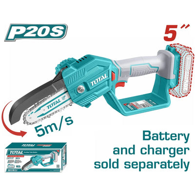 Total TGSLI2058 compact cordless chainsaw with 5-inch bar; battery and charger sold separately