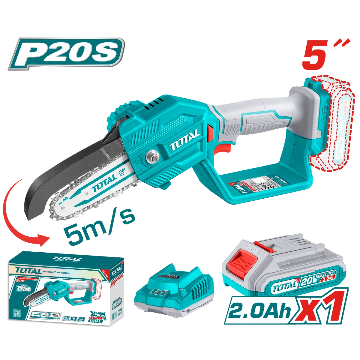 Total TGSLI20581 compact 5-inch chainsaw shown with 2.0Ah battery, charger and oil bottle