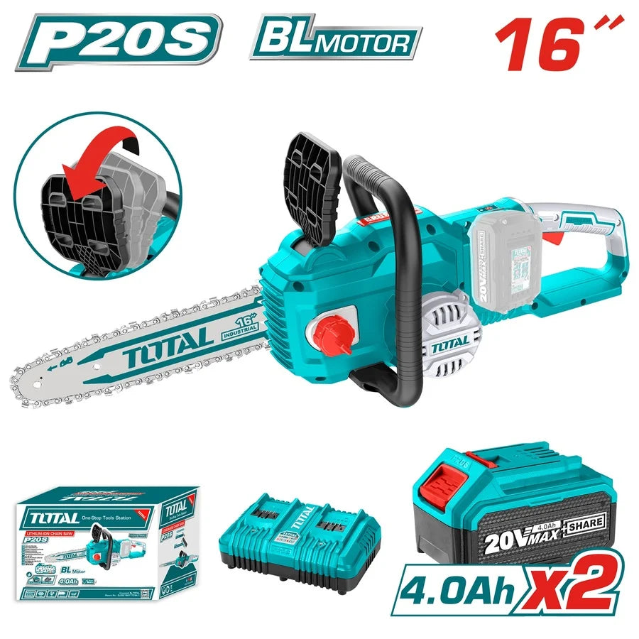 Total TGSLI401682 16-inch cordless chainsaw shown with two 4.0Ah batteries and charger