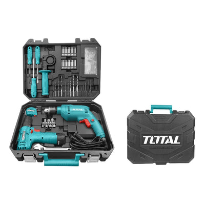 Total THKTHP1192 drill and accessory kit organized in a carrying case