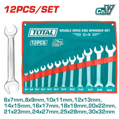 Total THT1023121 double open-end spanners arranged in a roll-up tool pouch