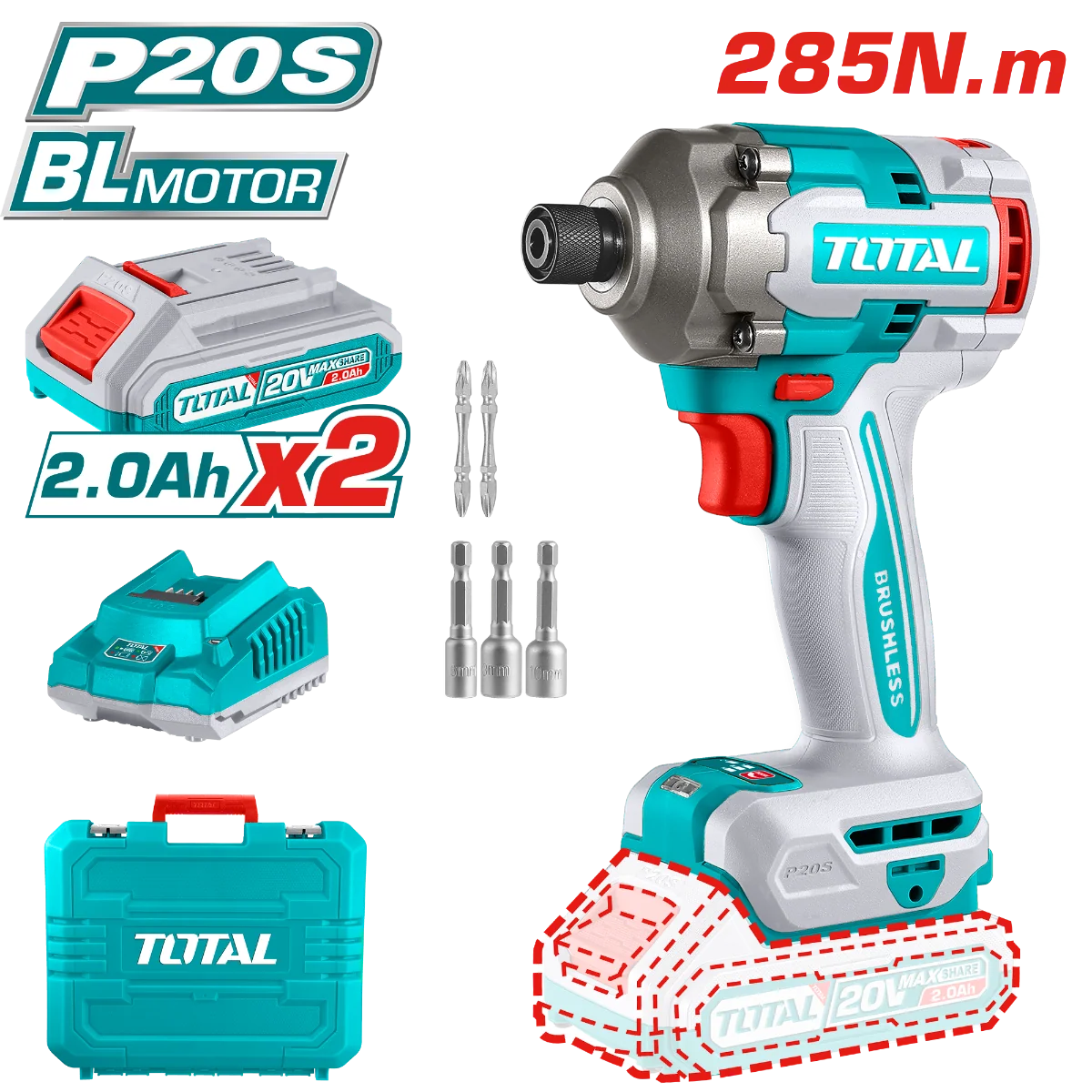Total TIRLI2028 285Nm impact wrench shown with two batteries, charger and storage case