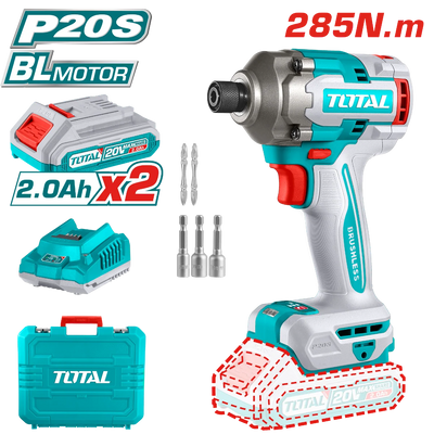Total TIRLI2028 285Nm impact wrench shown with two batteries, charger and storage case