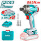 Total TIRLI2028 285Nm impact wrench shown with two batteries, charger and storage case