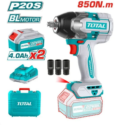Total TIWLI2085 cordless impact wrench shown with two batteries, charger and socket accessories