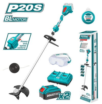 Total TSTLI200285 brush cutter kit with cutting heads, batteries, charger and garden accessories