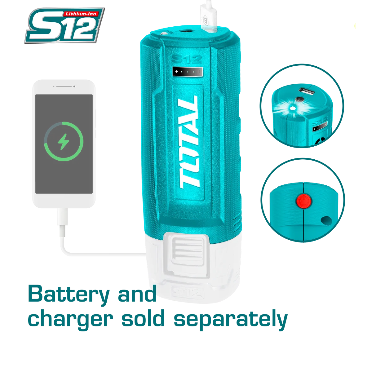 Total TUCLI1201 12V battery-mounted adapter shown with a phone connected by USB cable