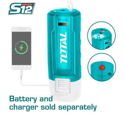 Total TUCLI1201 12V battery-mounted adapter shown with a phone connected by USB cable