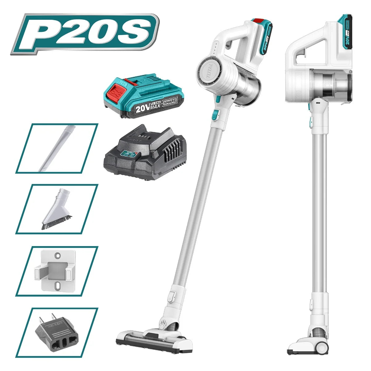 Total TVLI2006 cordless stick vacuum cleaner shown with battery, charger and attachment graphics