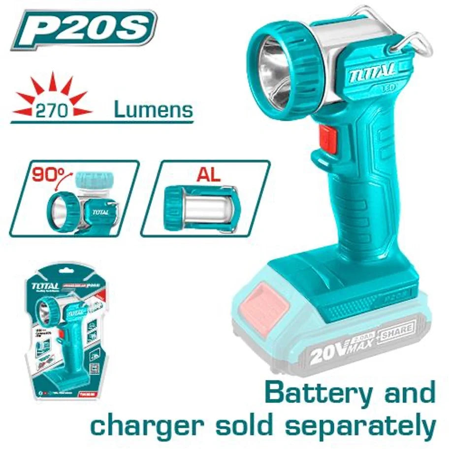 Total TWLI2038 handheld LED work light with swivel head and a bare-tool battery outline