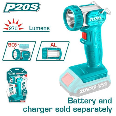 Total TWLI2038 handheld LED work light with swivel head and a bare-tool battery outline
